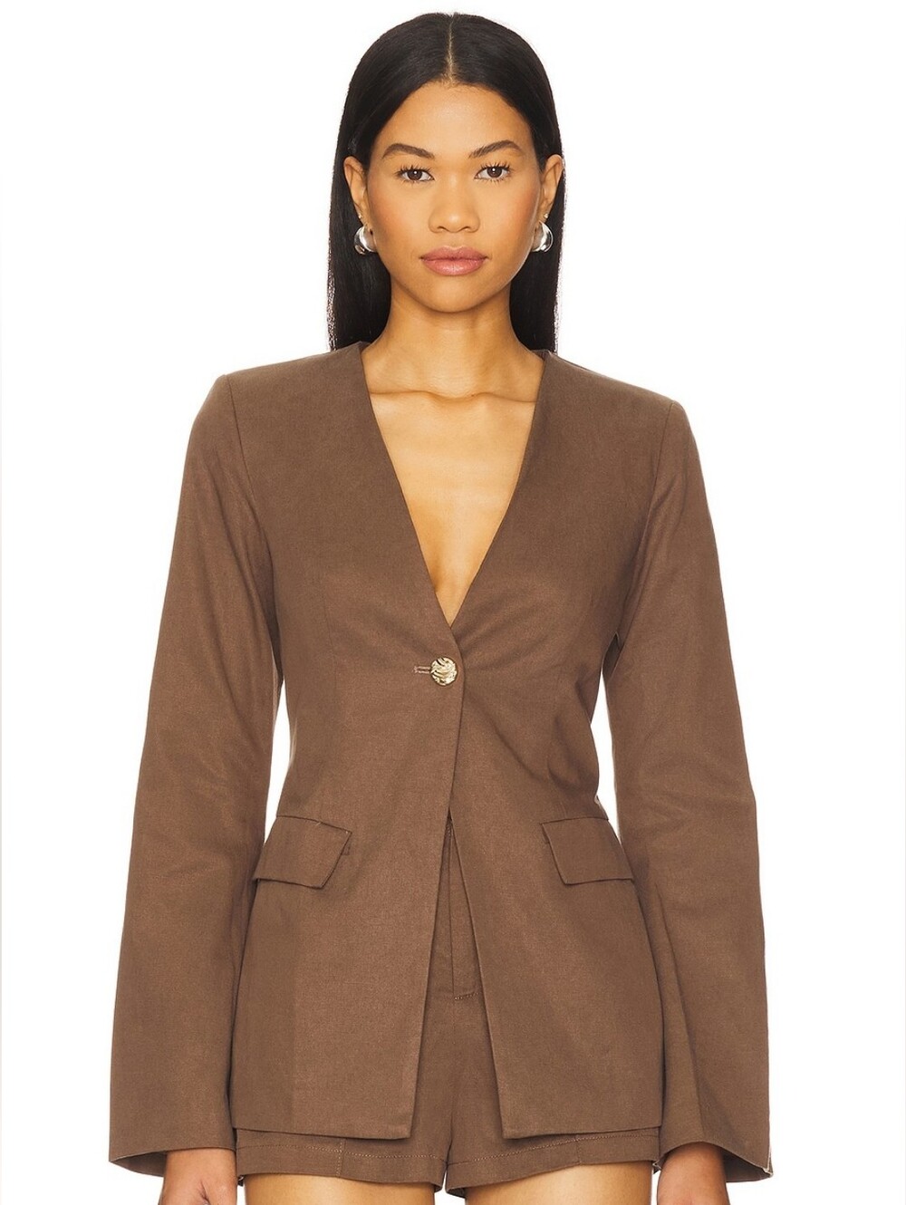 SNDYS Emilie One Button Blazer Tencel Blend in Coffee Brown Size XL